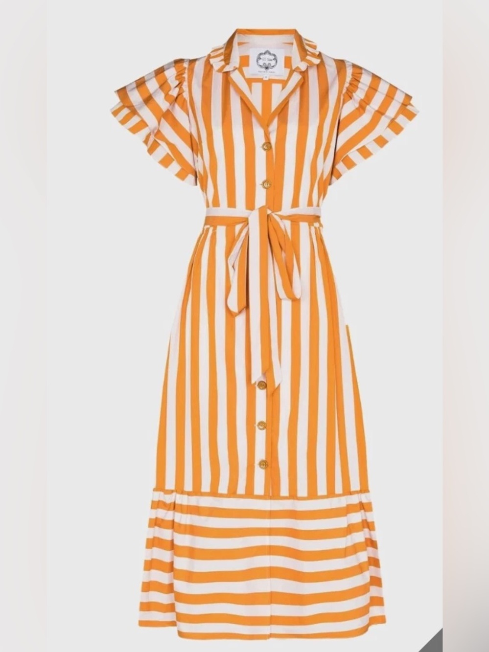 Evi Grintela Large Yellow Cabana Stripe Ruffled Shirt Dress w Pockets
